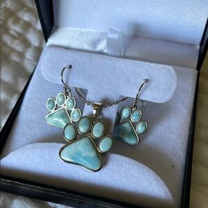 Paw Print Pendant and Earring Set in Blue and Silver